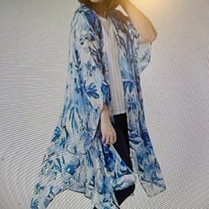 OPEN FRONT WOVEN BLUE & WHITE PRINTED DUSTER - NEVER WORN